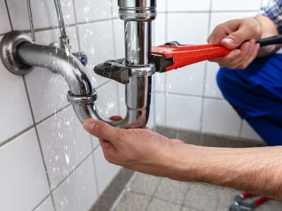 A person uses a red pipe wrench to fix a leaking drainpipe under a sink, with water spraying out; white tiled wall and floor are visible—an important step in water pressure troubleshooting.