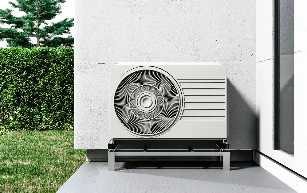 A modern outdoor air conditioning unit, which raises the question "can AC compressor be repaired," is mounted on a small platform next to a white building, with green grass, hedges, and a pine tree visible in the background.