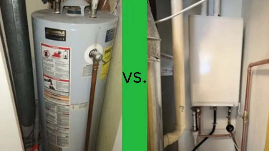 Split image showing a traditional tank hot water heater on the left and a modern tankless hot water system on the right, with a green bar labeled vs. dividing them.