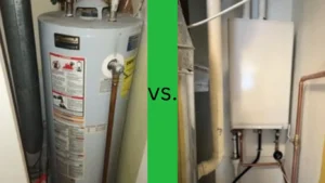 A split-image compares a traditional tank hot water system on the left with a tankless water heater on the right, separated by a green vertical bar with "vs." in the center.