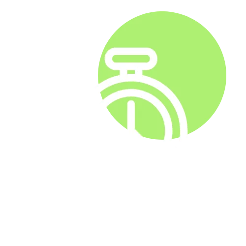 White outline of a stopwatch with motion lines, symbolizing speed, on a black background. A bright green circle partially behind the stopwatch adds emphasis—perfect for a dynamic homepage design.