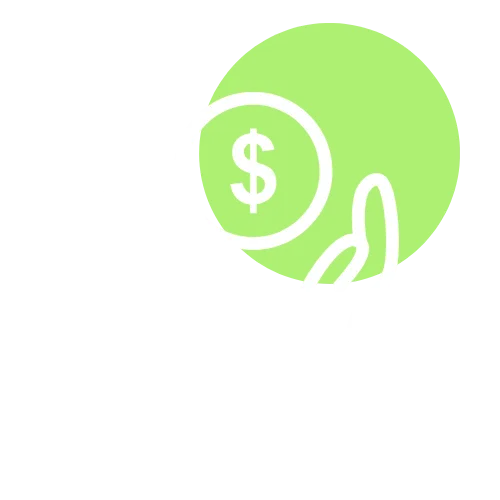 Two white outlined hands facing upward hold a coin with a dollar sign, set against a bright green circle—ideal for illustrating secure transactions on your homepage.