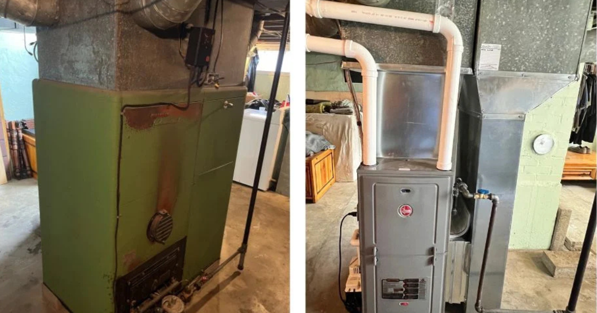 Side-by-side comparison of two furnaces in a basement: an old, green, rusted furnace on the left, and a new, gray modern furnace with white PVC pipes on the right.