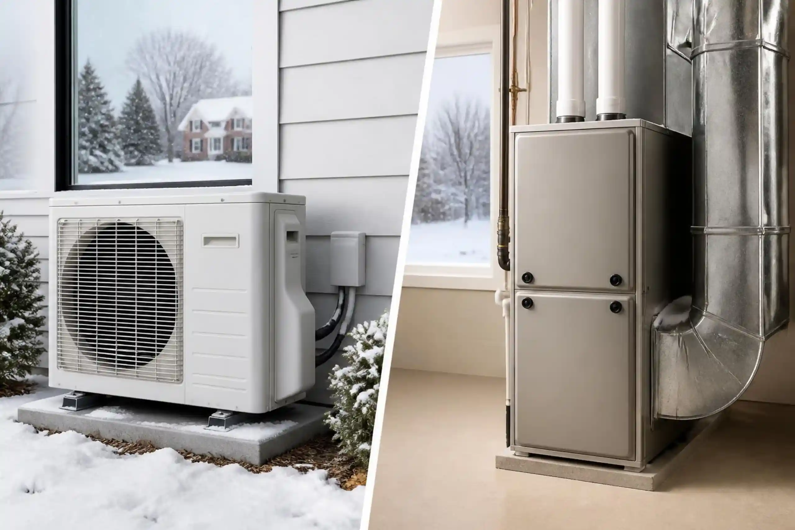 A split image showing an outdoor heat pump unit in the snow on the left and an indoor furnace with ductwork on the right, highlighting how homes in Ohio stay warm during winter settings.