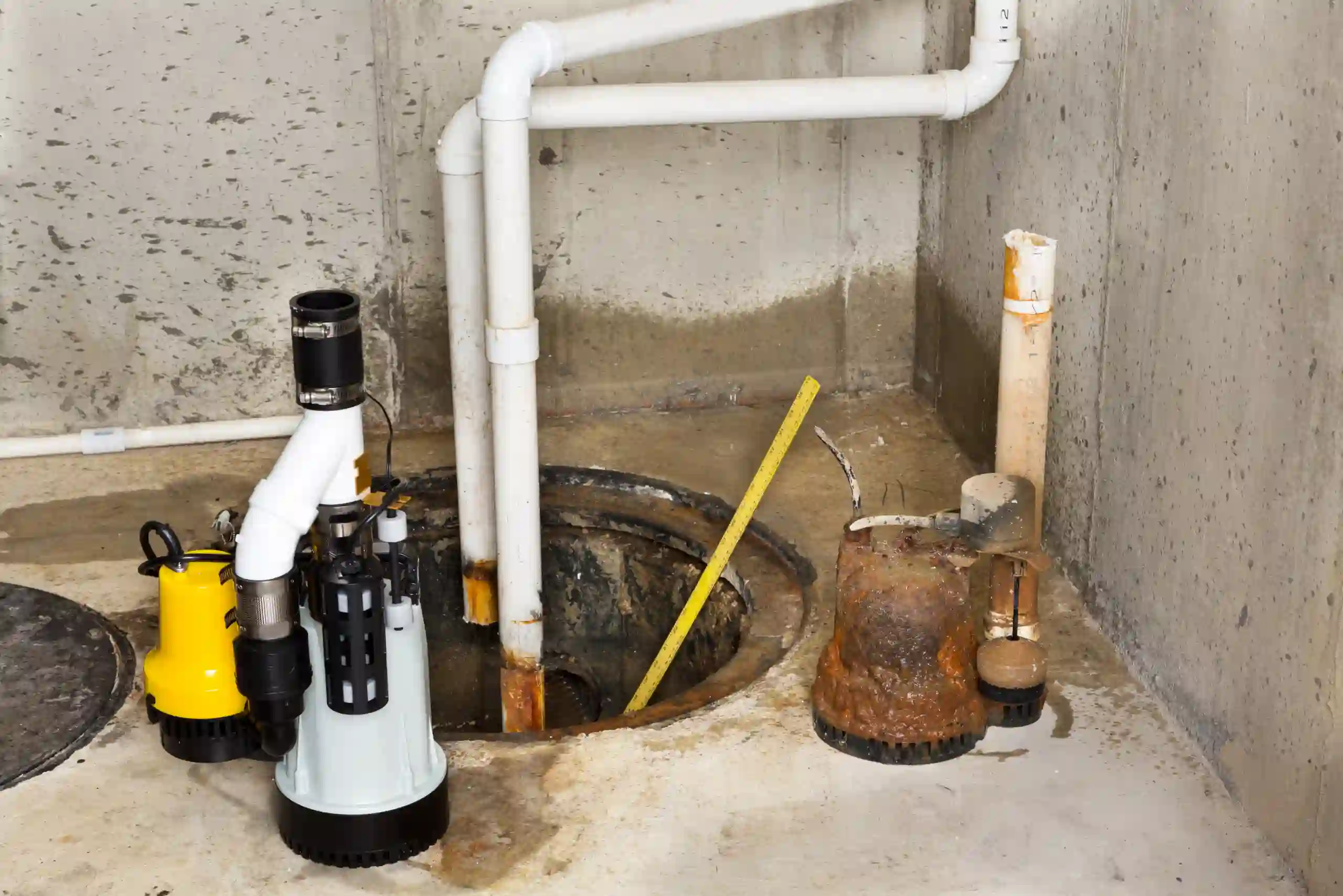 A sump pump system in a basement with visible pipes, a yellow measuring stick, and an old rusted pump next to a newer pump—all on a concrete floor near a concrete wall—shows classic sump pump signs that may indicate your old sump pump is failing.