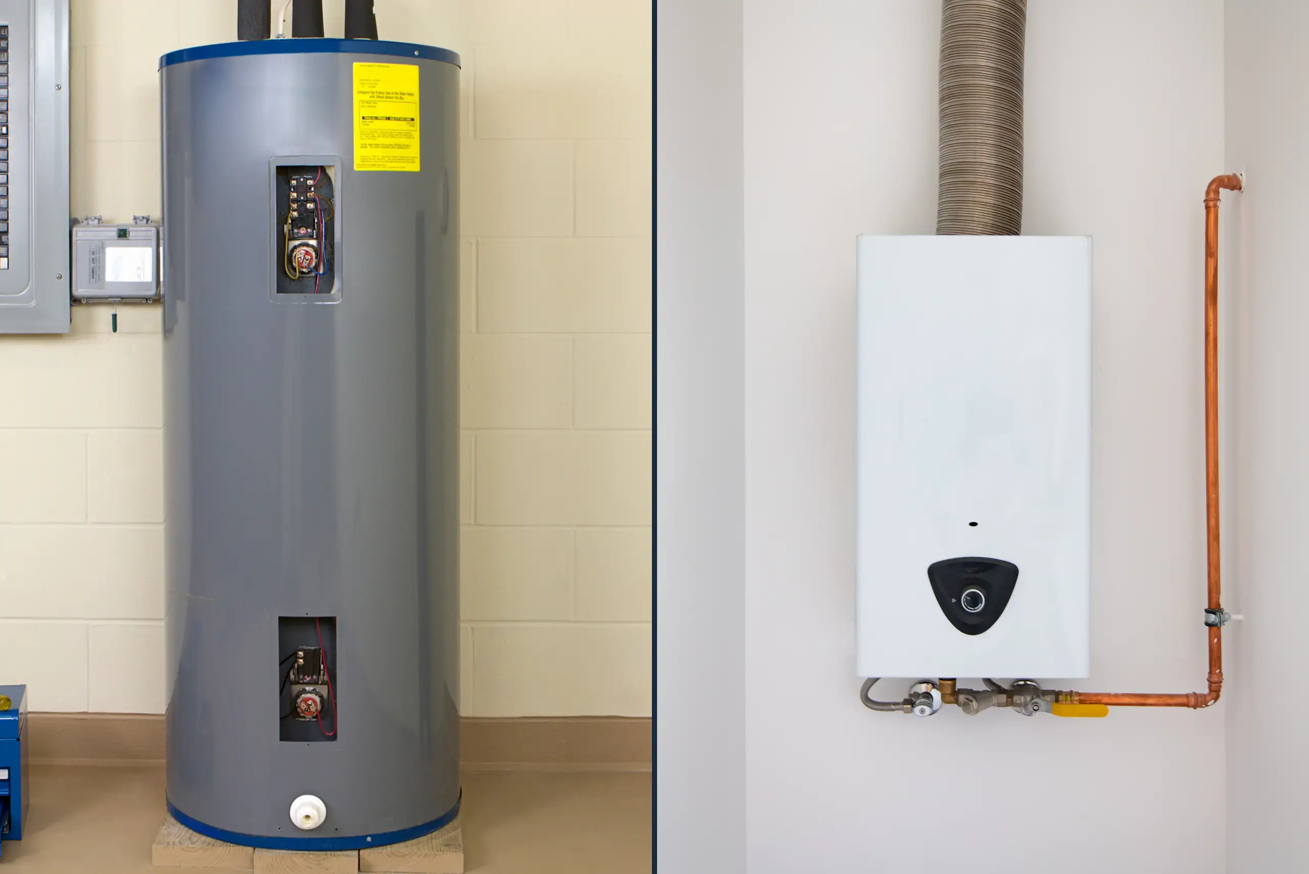 Side-by-side view of a traditional tank water heater (left) and a modern tankless water heater mounted on a wall (right), providing a clear water heater comparison.
